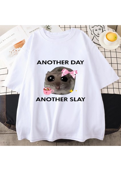 Üzgün Hamster Başka Bir Gün Slay Komik Grafict-Pamuk Kawaii Tshirt Erkekler Kadın Bask