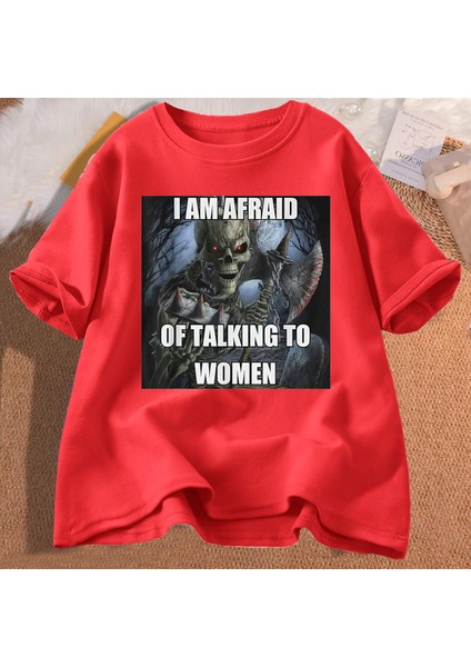 Ben Kadın T-Shirt Erkek Pamuk Kısa Kollu Tees ile Konuşmaktan Korkuyorum Komik Sert Iskelet M