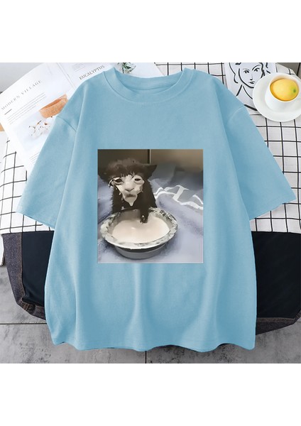 Süt Yüz Kedi Meme Baskı T Shirt Garip Mizah Komik Kedi Grafik T-Shirt Erkek Kadın Hip Hop Pam