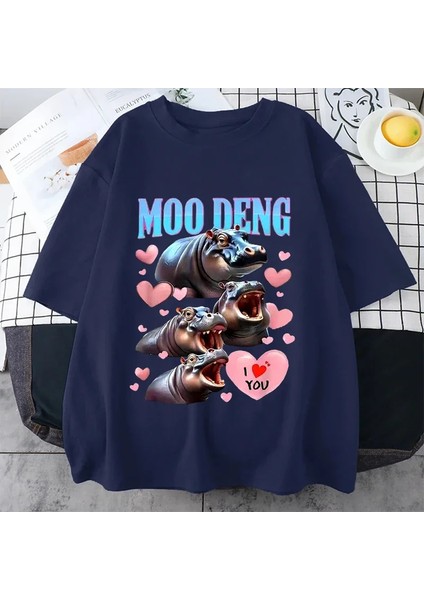Komik I Love Moo Deng Sevimli Bebek Hippo Sevgilisi Meme T Shirt Erkek Kadın Moda Gotik Rahat
