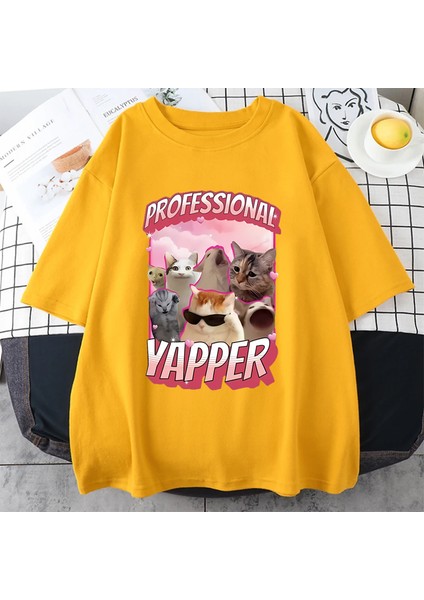 Profesyonel Yapper Meme Kedi Komik Tişört Erkek Kadın Moda Bağbozumu Kısa Sleevetshirt 100% P