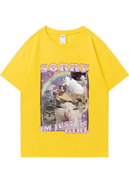 Ben Sadece Bir Kız Komik Kedi Meme Baskı T-Shirt Erkek Kadın Vintage % Pamuk Büyük Boy T