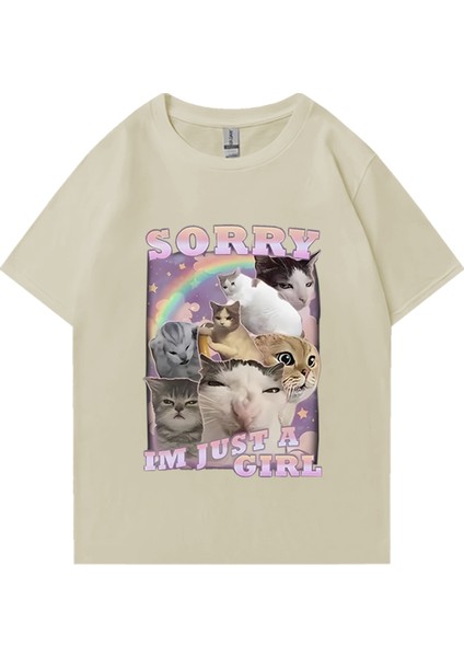 Ben Sadece Bir Kız Komik Kedi Meme Baskı T-Shirt Erkek Kadın Vintage % Pamuk Büyük Boy T