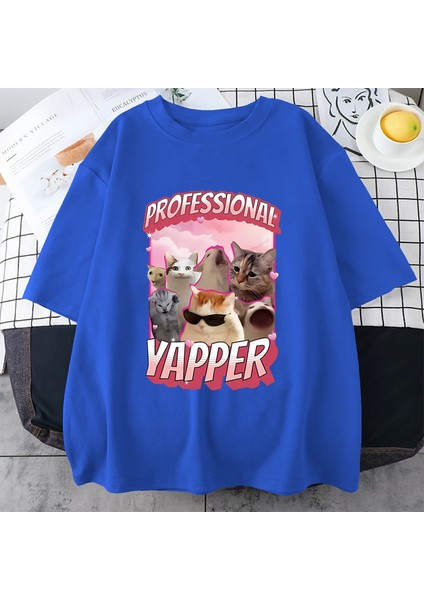 Profesyonel Yapper Meme Kedi Komik Tişört Erkek Kadın Moda Bağbozumu Kısa Sleevetshirt 100% P
