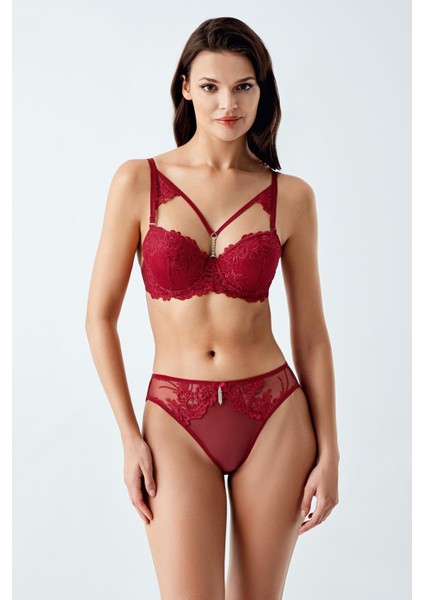 6120 Bordo Renk Dolgulu Sütyen Takım Ip Detaylı 2li Takım