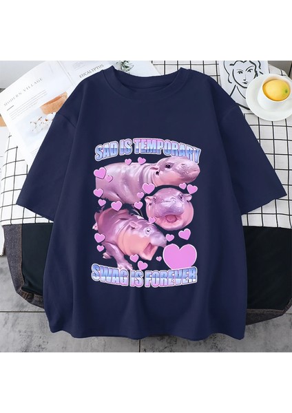 Moo Deng Tutun Ben Aşırı Uyarılmış Komik Meme T Shirt Bebek Hippo Vintage Erkek Kadın T-Shirt