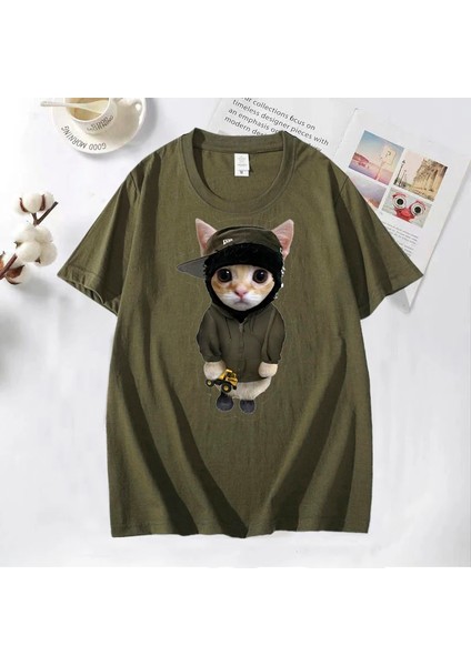 Tonka T Shirt ile Yeat Kitty Erkekler Komik Sevimli Kedi Grafik Tee % Baskılı Tişört Pamuk Te