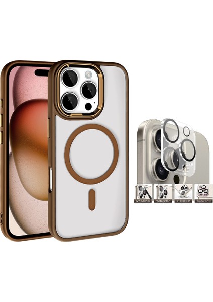 Apple iPhone 16 Pro Kılıf Wireless Şarj Özellikli Zore Krom Magsafe Silikon Kapak + Kamera Lens Koruyucu