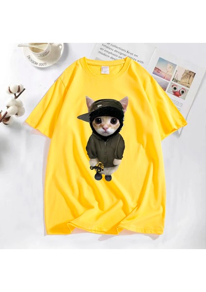 Tonka T Shirt ile Yeat Kitty Erkekler Komik Sevimli Kedi Grafik Tee % Baskılı Tişört Pamuk Te