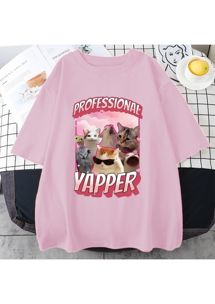 Profesyonel Yapper Meme Kedi Komik Tişört Erkek Kadın Moda Bağbozumu Kısa Sleevetshirt 100% P