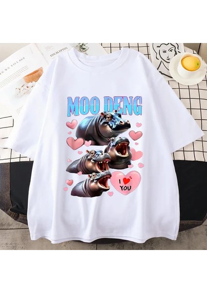 Komik I Love Moo Deng Sevimli Bebek Hippo Sevgilisi Meme T Shirt Erkek Kadın Moda Gotik Rahat