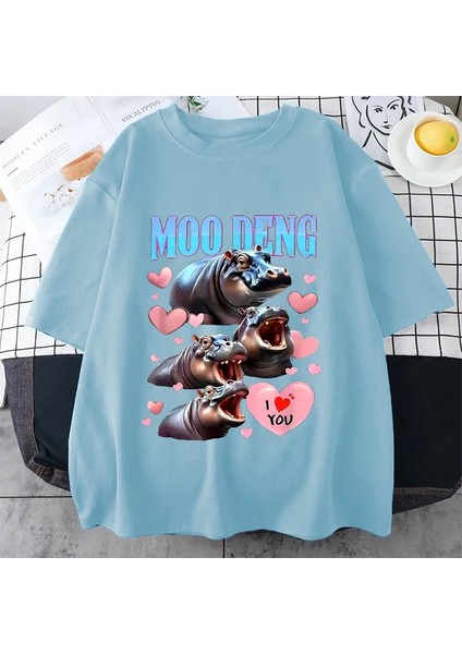 Komik I Love Moo Deng Sevimli Bebek Hippo Sevgilisi Meme T Shirt Erkek Kadın Moda Gotik Rahat