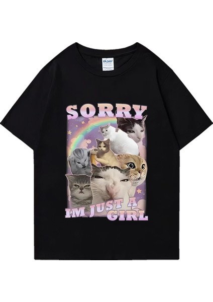 Ben Sadece Bir Kız Komik Kedi Meme Baskı T-Shirt Erkek Kadın Vintage % Pamuk Büyük Boy T