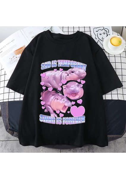 Moo Deng Tutun Ben Aşırı Uyarılmış Komik Meme T Shirt Bebek Hippo Vintage Erkek Kadın T-Shirt