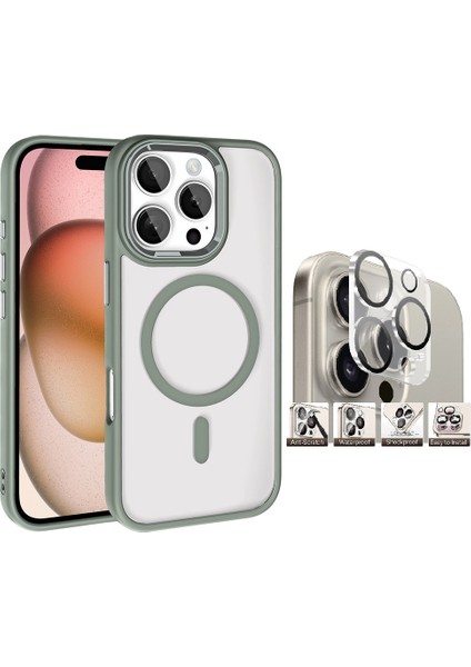 Apple iPhone 16 Pro Kılıf Wireless Şarj Özellikli Zore Krom Magsafe Silikon Kapak + Kamera Lens Koruyucu