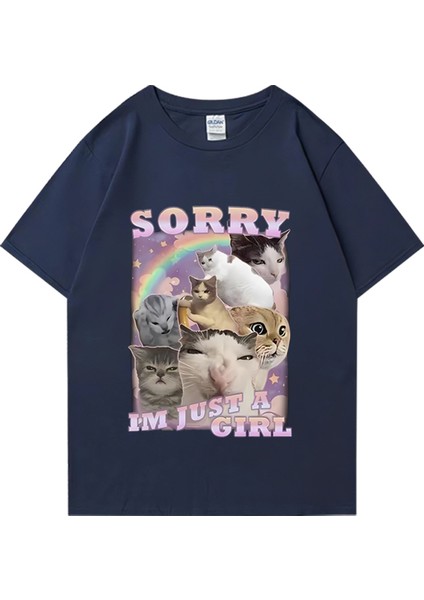 Ben Sadece Bir Kız Komik Kedi Meme Baskı T-Shirt Erkek Kadın Vintage % Pamuk Büyük Boy T