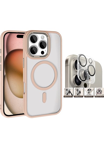 Apple iPhone 16 Pro Kılıf Wireless Şarj Özellikli Zore Krom Magsafe Silikon Kapak + Kamera Lens Koruyucu