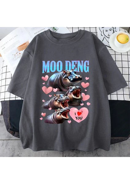 Komik I Love Moo Deng Sevimli Bebek Hippo Sevgilisi Meme T Shirt Erkek Kadın Moda Gotik Rahat