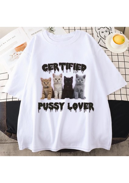 Komik Sertifikalı Kedi Sevgilisi Meme Kedi Grafik T Shirt Moda Kawaii T-Shirt Sokak Ra