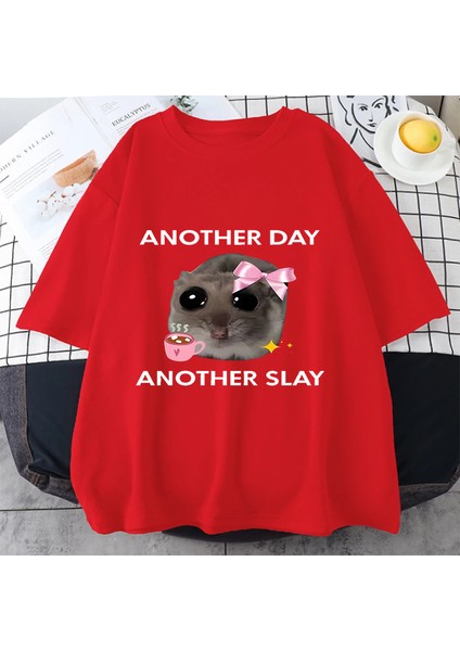 Üzgün Hamster Başka Bir Gün Slay Komik Grafict-Pamuk Kawaii Tshirt Erkekler Kadın Bask