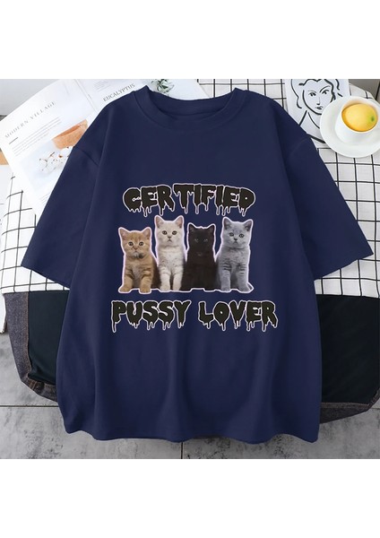 Komik Sertifikalı Kedi Sevgilisi Meme Kedi Grafik T Shirt Moda Kawaii T-Shirt Sokak Ra