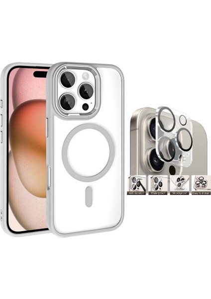 Apple iPhone 16 Pro Max Kılıf Wireless Şarj Özellikli Zore Krom Magsafe Silikon Kapak + Kamera Lens Koruyucu