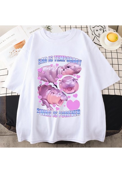 Moo Deng Tutun Ben Aşırı Uyarılmış Komik Meme T Shirt Bebek Hippo Vintage Erkek Kadın T-Shirt
