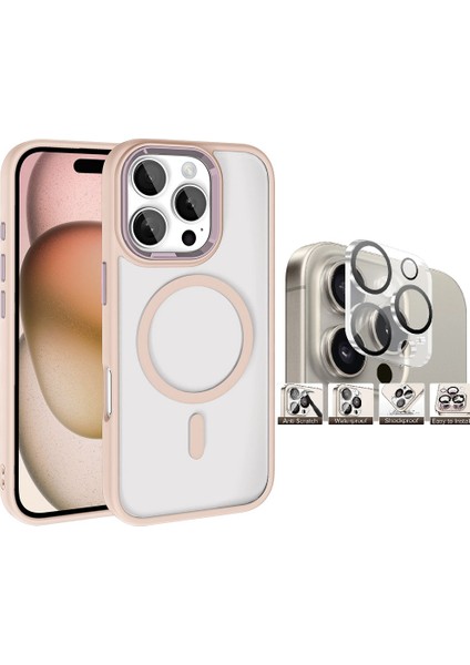 Apple iPhone 16 Pro Kılıf Wireless Şarj Özellikli Zore Krom Magsafe Silikon Kapak + Kamera Lens Koruyucu