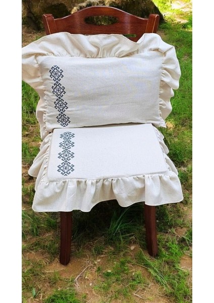 Yıkanmış Keten Dikdörtgen Motif Kanaviçe Nakışlı Fırfırlı Kırlent Kılıfı fiyatları