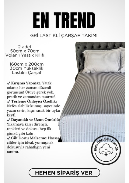 Çizgili Saten Çift Kişilik Çarşaf Seti (%100 Pamuk); Lastikli Fitted Çarşaf + 2 Ad Yastık Kılıfı