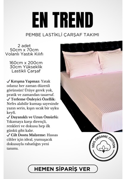 Çizgili Saten Çift Kişilik Çarşaf Seti (%100 Pamuk); Lastikli Fitted Çarşaf + 2 Ad Yastık Kılıfı