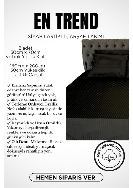 Çizgili Saten Çift Kişilik Çarşaf Seti (%100 Pamuk); Lastikli Fitted Çarşaf + 2 Ad Yastık Kılıfı