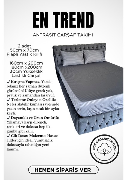 Çizgili Saten Çift Kişilik Çarşaf Seti (%100 Pamuk); Lastikli Fitted Çarşaf + 2 Ad Yastık Kılıfı