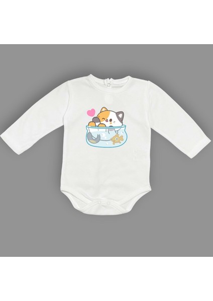 Akvaryum Kedi Baskılı Bebek Çıtçıtlı Body Uzun Kısa Kolsuz