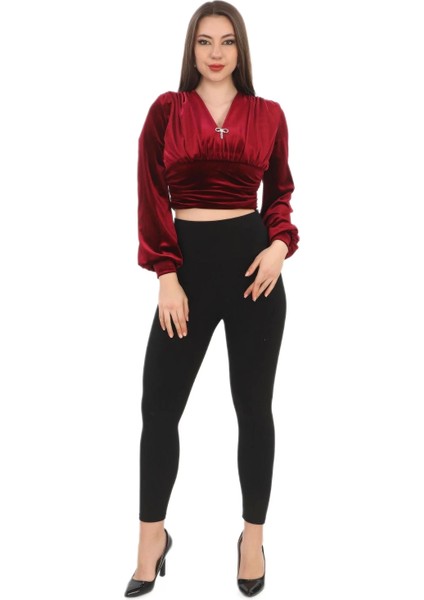 Broş Detaylı Kadife Crop 6007-BORDO