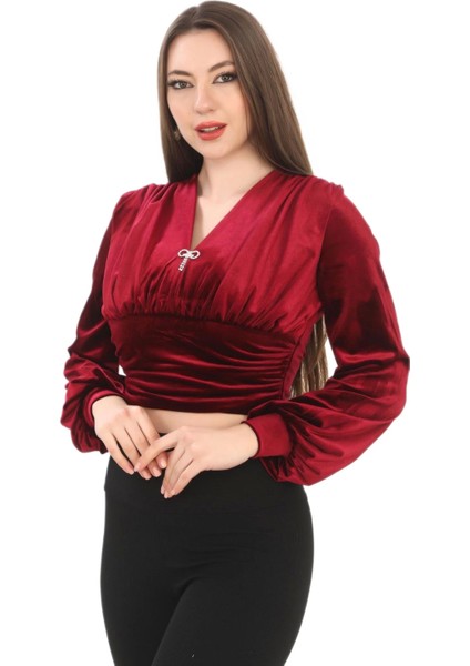 Broş Detaylı Kadife Crop 6007-BORDO