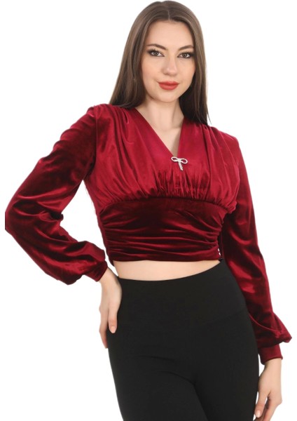 Broş Detaylı Kadife Crop 6007-BORDO