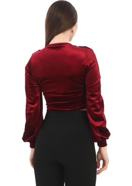 Broş Detaylı Kadife Crop 6007-BORDO