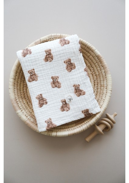 Dört Katlı Ayıcık Teddy Desen Organik Bebek Müslin Örtü indirimleri