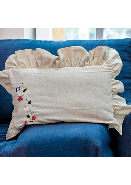 Yıkanmış Keten Dikdörtgen Sarmaşık Nakıslı Fırfırlı Kırlent Kılıfı