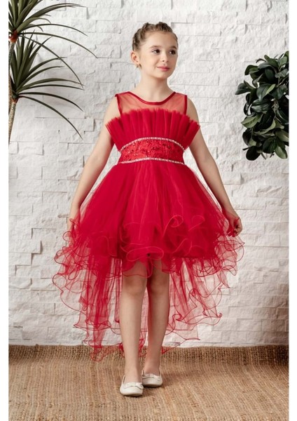 Uzun Kuyruk Tütülü Askılı Kız Filira Elbise MNK0584