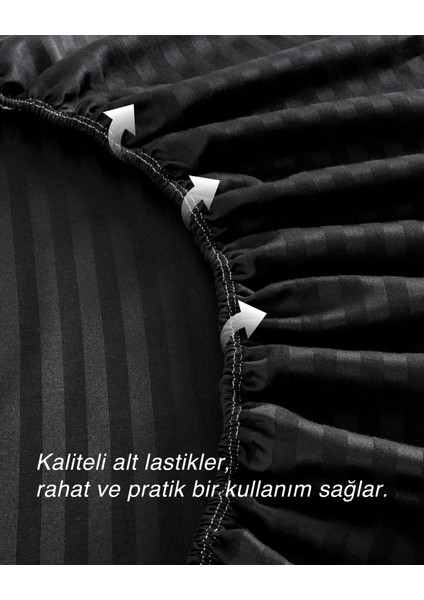 Siyah Renkli, Çift Kişilik Pamuklu Çizgili Saten Lastikli Çarşaf Takımı modelleri