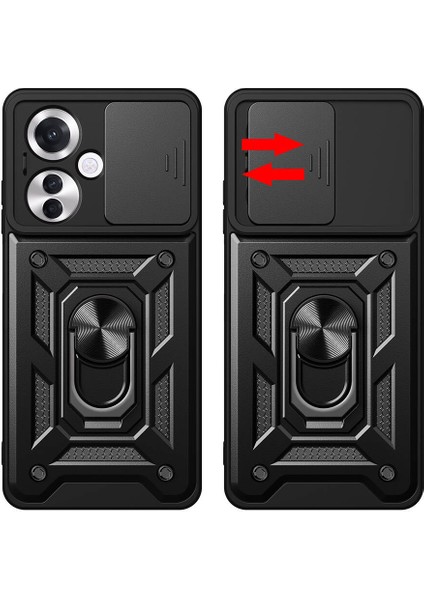 - Oppo Reno 11F 5G - Kılıf Magnetik Standlı Kamera Korumalı Sürgülü Vega Kapak - Siyah - T33200 modelleri