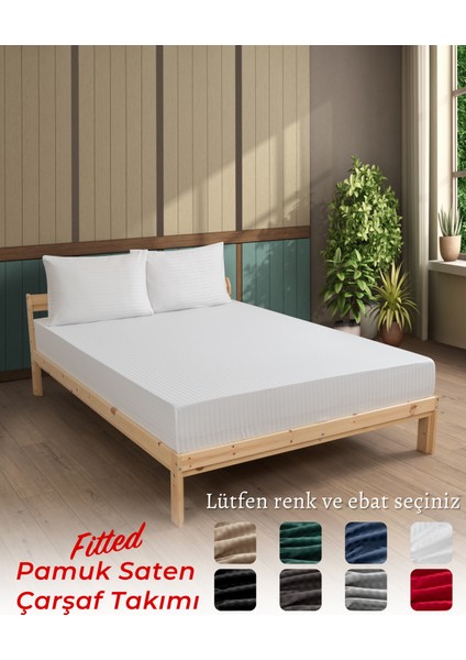 Kırık Beyaz Renkli, Çift Kişilik Pamuklu Çizgili Saten Lastikli Çarşaf Takımı fiyatları