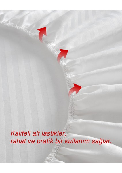 Kırık Beyaz Renkli, Çift Kişilik Pamuklu Çizgili Saten Lastikli Çarşaf Takımı fırsatları