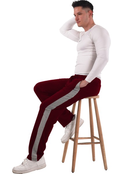 Erkek Yanı Beyazlı Bordo Eşofman Altı (Büyük Beden Seçeneğiyle)