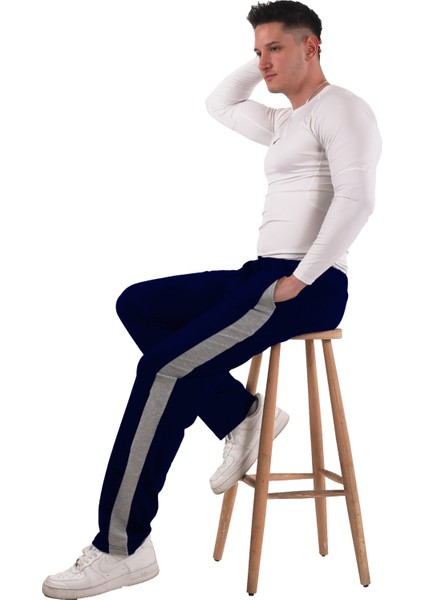 Erkek Yanı Beyazlı Lacivert Eşofman Altı (Büyük Beden Seçeneğiyle)