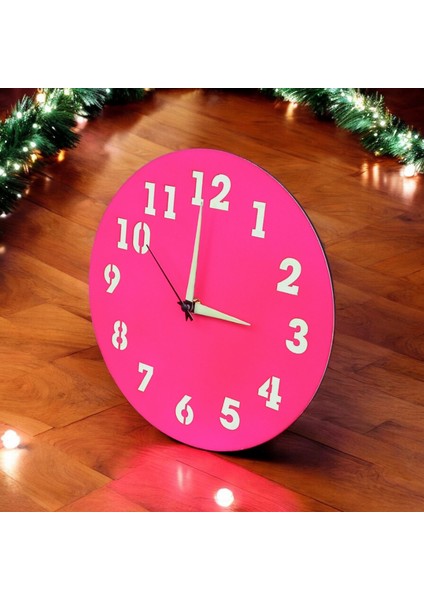 Camsız Ahşap Mini Fosforlu Magenta Pembe Duvar Saati Çap 22 cm