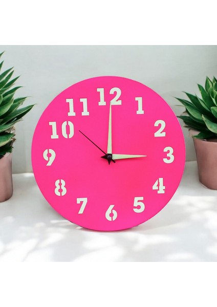 Camsız Ahşap Mini Fosforlu Magenta Pembe Duvar Saati Çap 22 cm