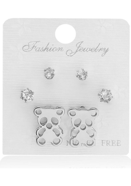 Sevimli Ayıcık Zirkon Kombin Küpe (Silver)